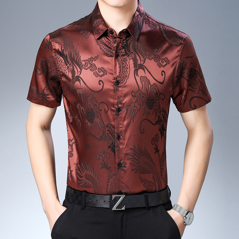 Mens Satin Silk Dress Shirt - فستان صيفي من الساتان الناعم بأكمام