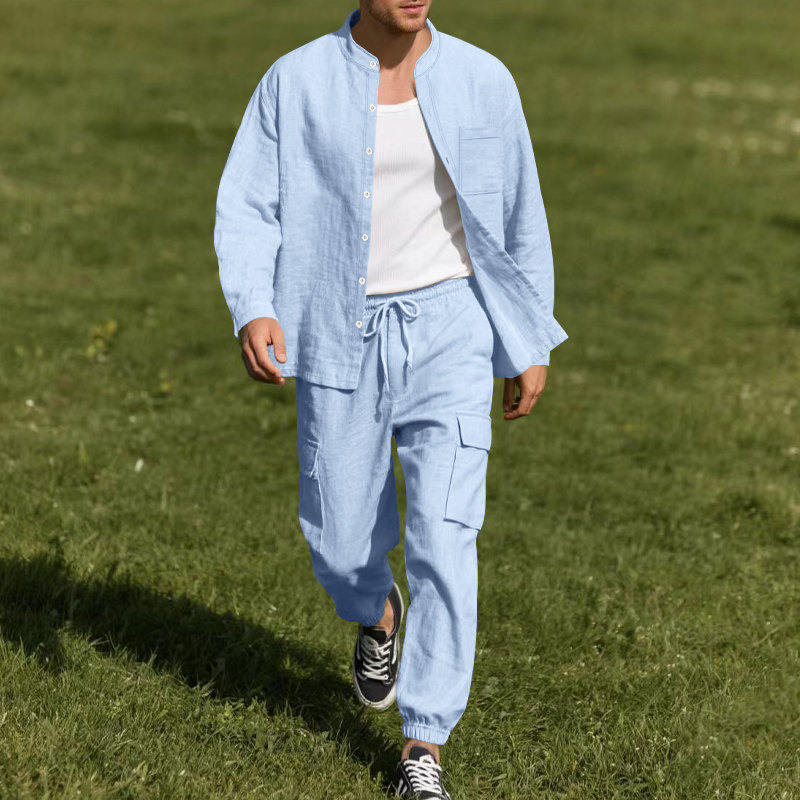 Mens Linen Shirt Long Sleeve - طقم رجالي من قطعتين من الكتان