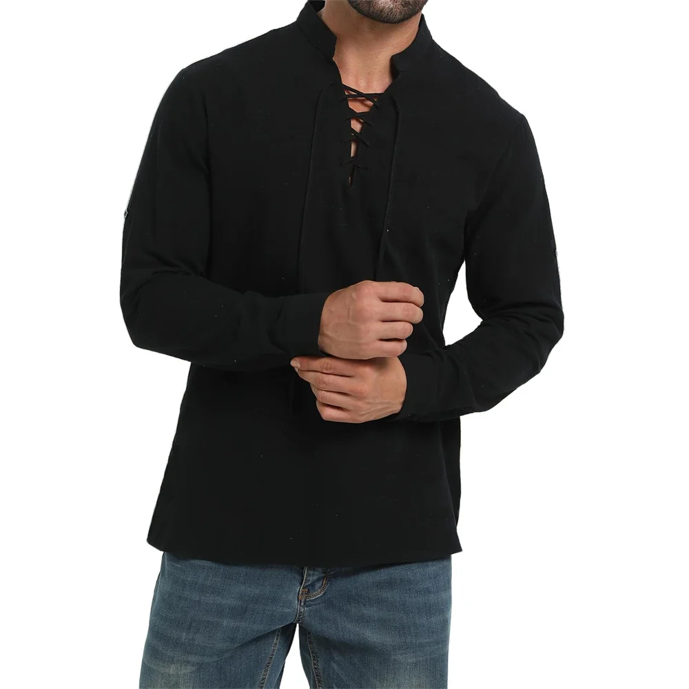 Medieval Gothic Lace Up Pirate Shirt - ربيع الخريف الرجال القراصنة قميص Vintage