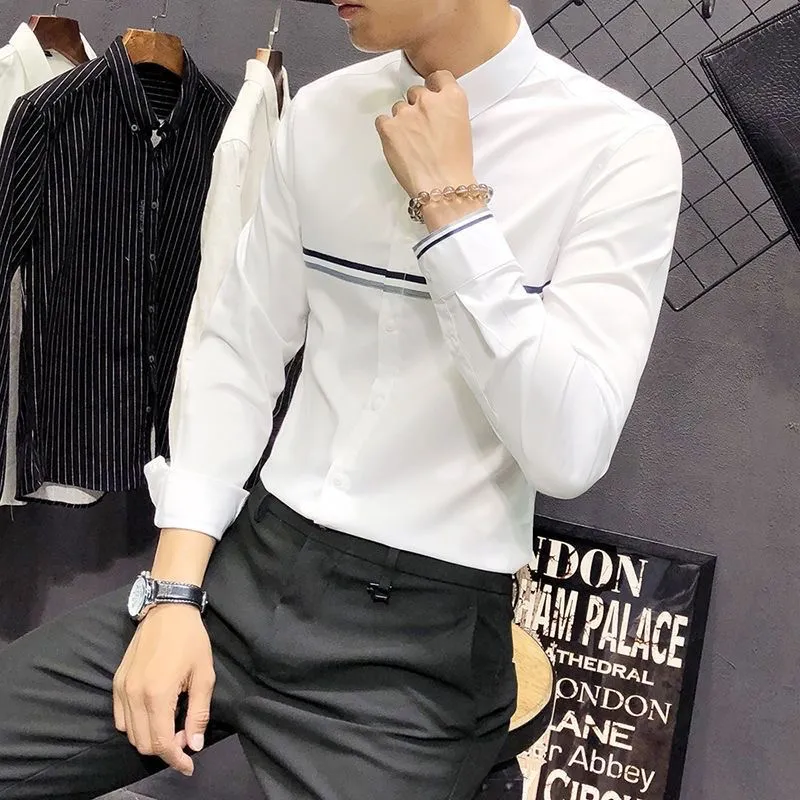 Mandarin Collar Formal Shirt Slim Fit - قميص رجالي بياقة ماندارين وأكمام طويلة