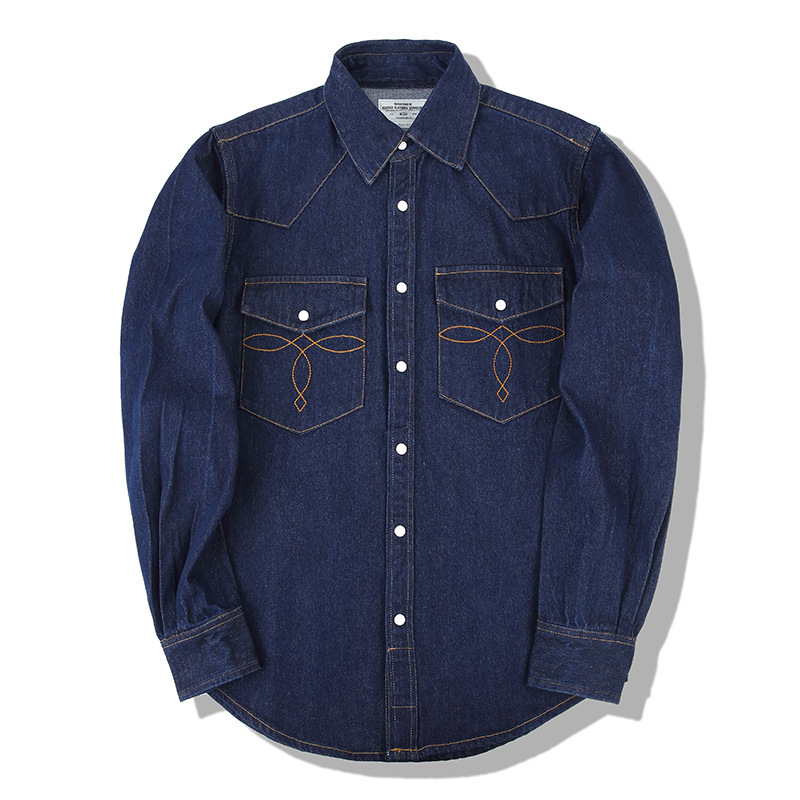 Mens Western Denim Pearl Snap Shirt - الأمريكية غسل خمر الدنيم قمصان اللؤلؤ