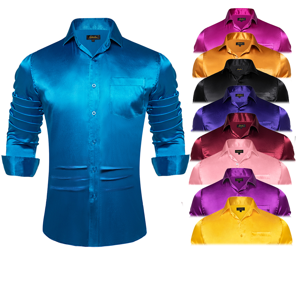 Mens Satin Silk Dress Shirt - قميص رجالي أزرق أحمر أبيض أسود