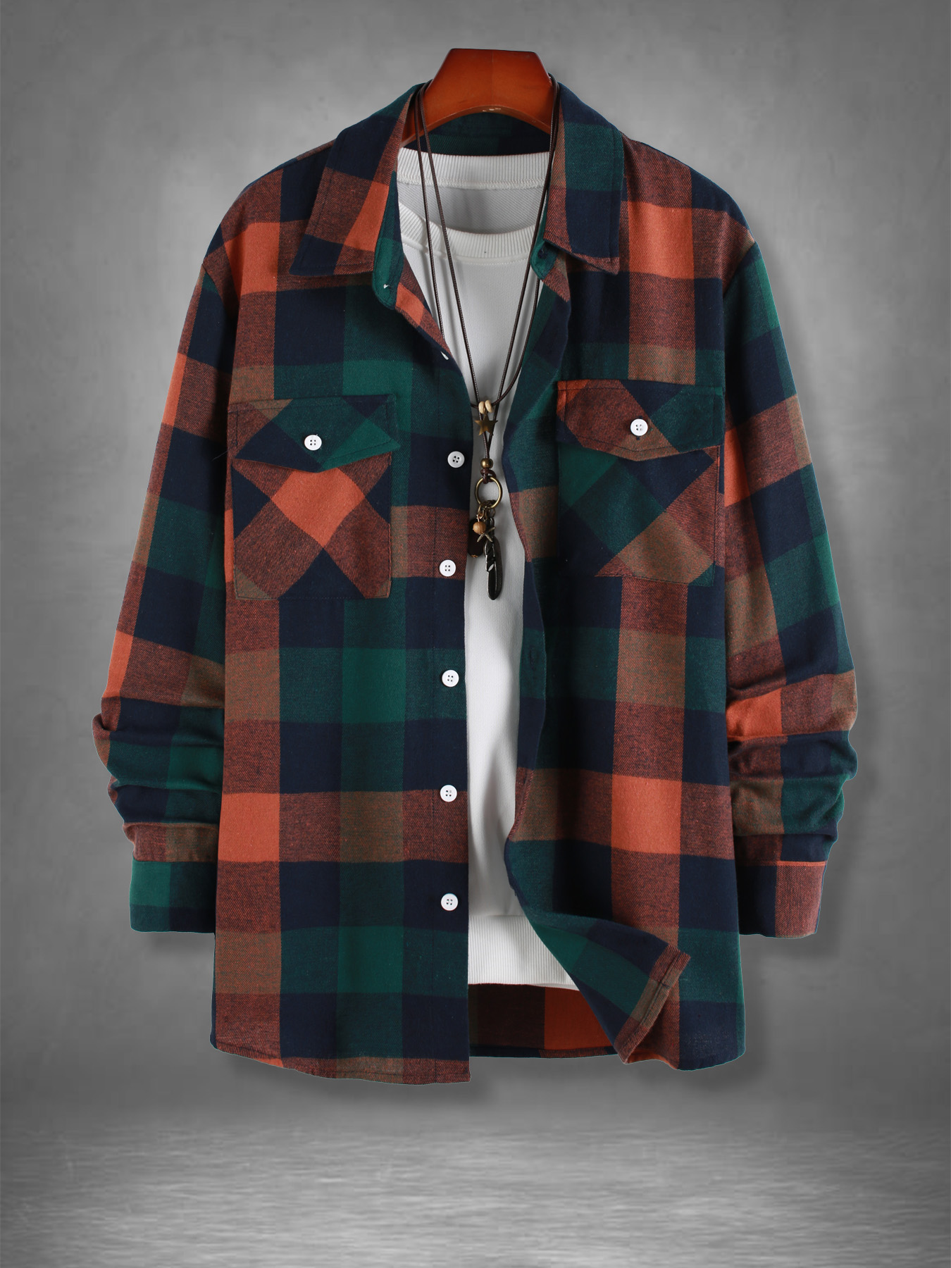 Jackets - قميص رجالي كلاسيكي بنقشة مربعات برتقالية