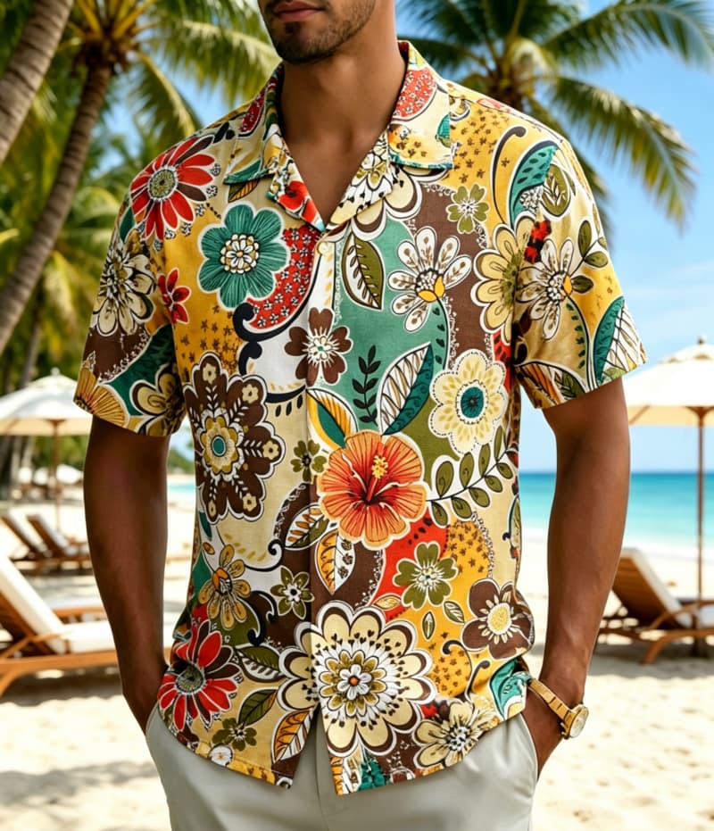 Vintage Hawaiian Floral Shirt - قميص رجالي بنمط بوهيمي عتيق مع
