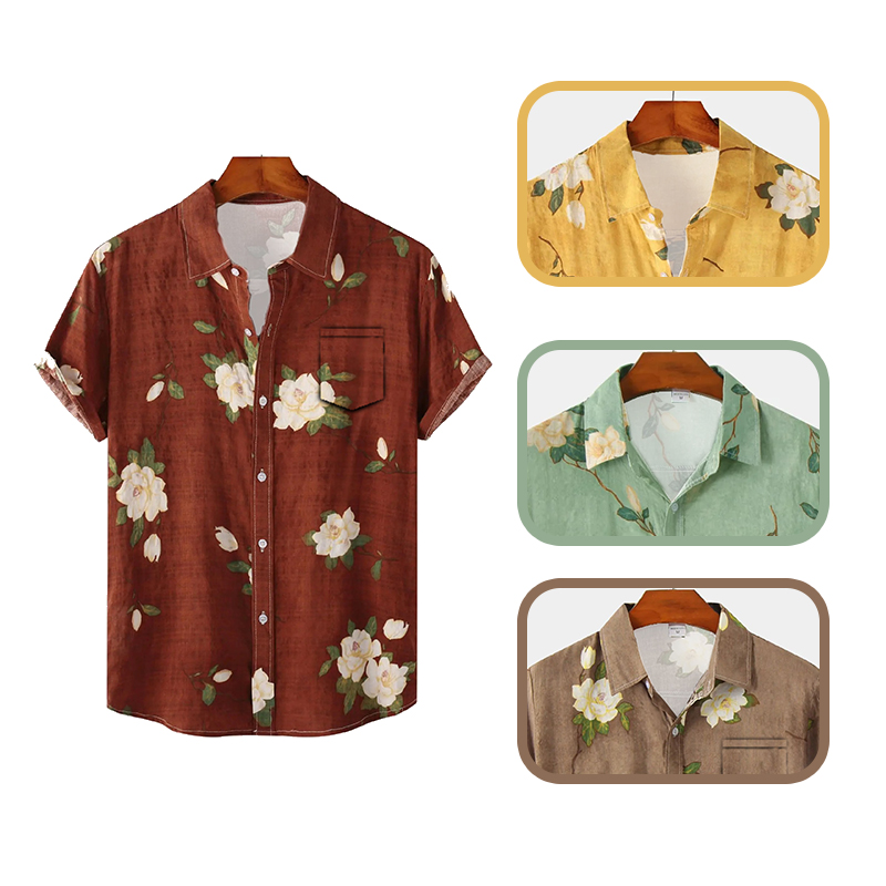 Vintage Hawaiian Floral Shirt - قميص رجالي هاواي بأكمام قصيرة ،