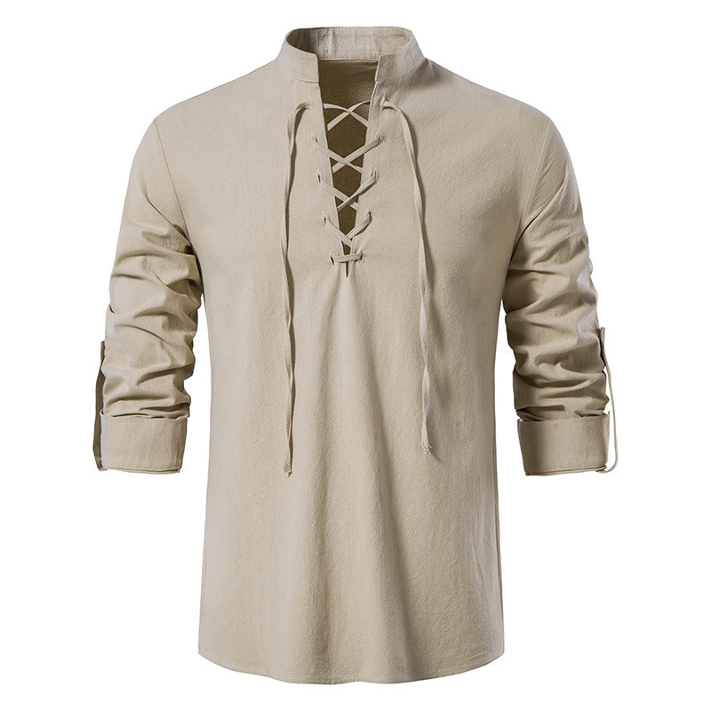 Mens Linen Shirt Long Sleeve - قميص رجالي من القطن والكتان بتصميم