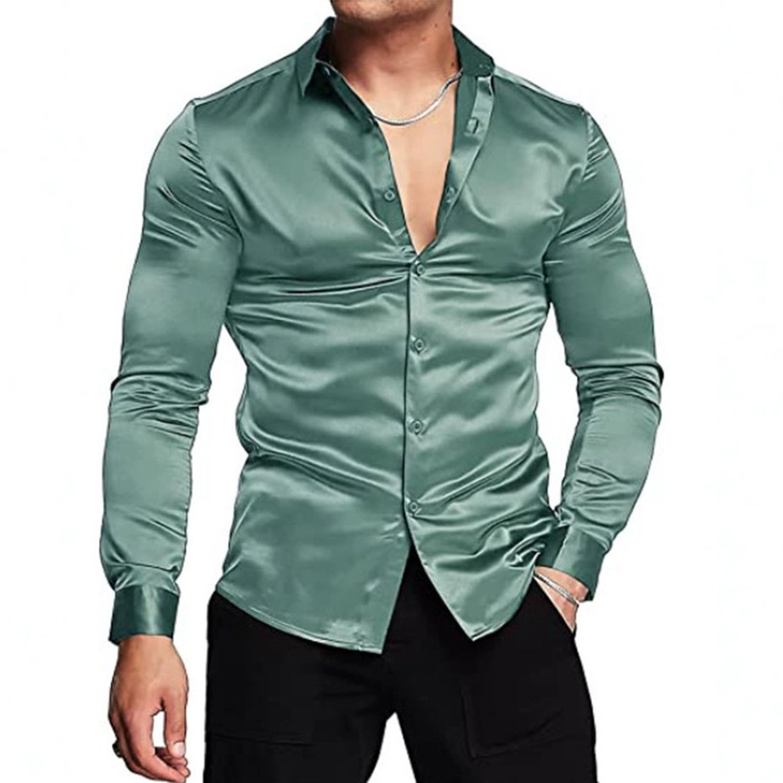 Mens Satin Silk Dress Shirt - ربيع الخريف الحرير الساتان قمصان فستان