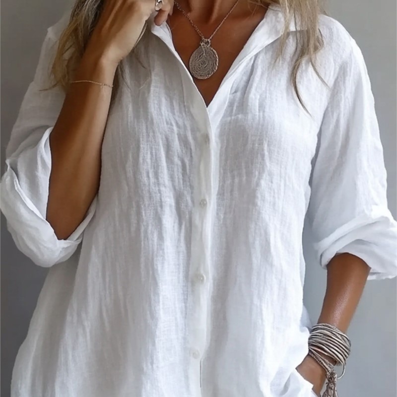 Mens Linen Shirt Long Sleeve - بلون الكتان مثير الخامس الرقبة واحدة