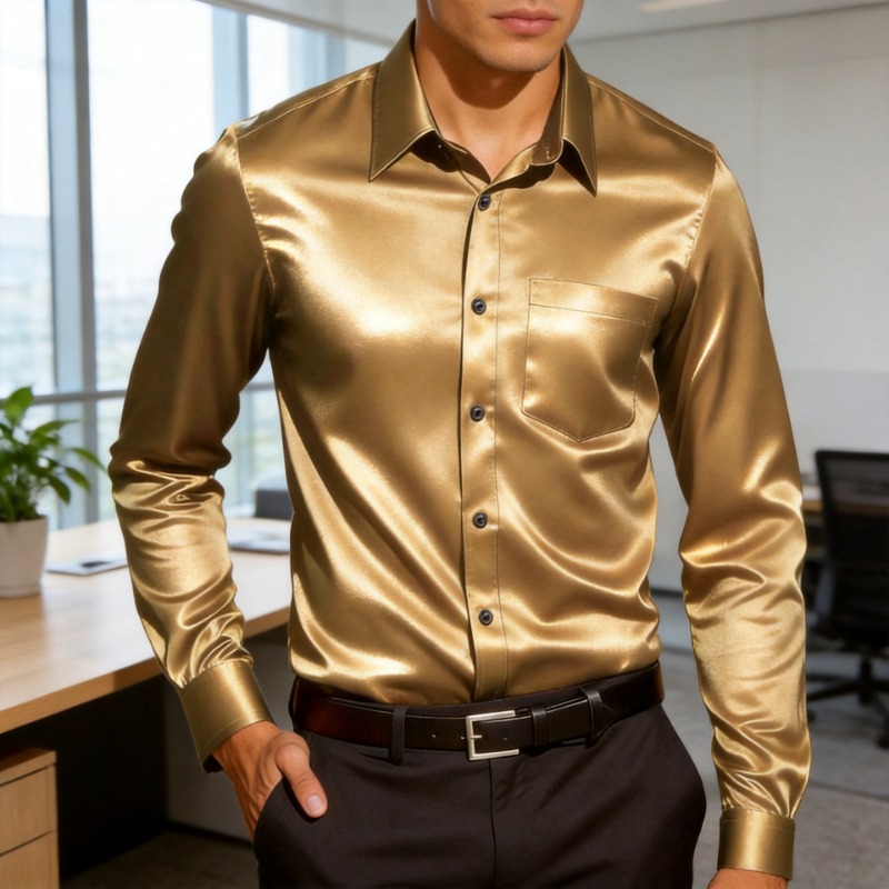 Mens Satin Silk Dress Shirt - قميص رجالي حريري ناعم بقصة ضيقة