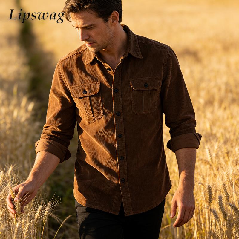 Corduroy Button Up Shirt Men - خمر بلون سروال قصير قميص جاكيتات