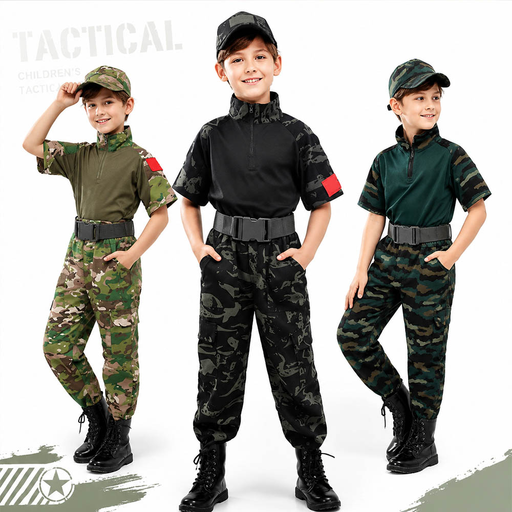 Tactical Military Shirt Cargo - بدلة تكتيكية للأطفال بنمط التمويه، قميص