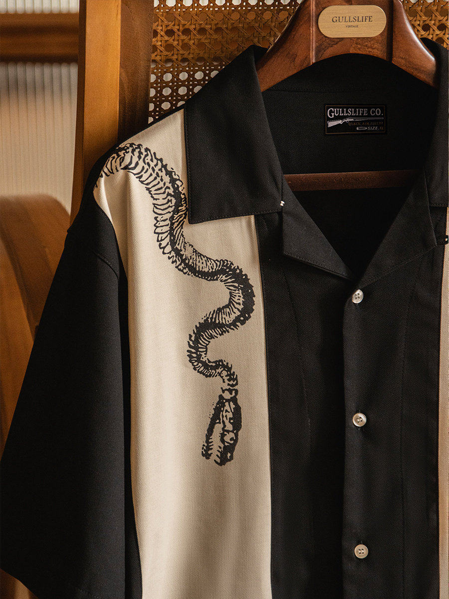 Short Sleeve Bowling Shirt Retro - قميص بولينج رجالي بياقة كوبية مطبوعة