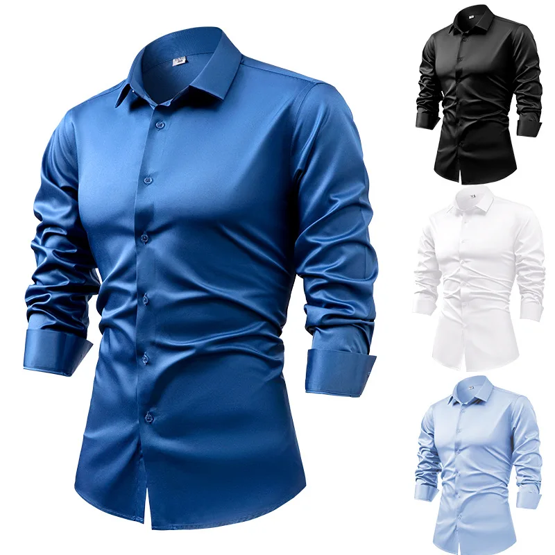 Mens Satin Silk Dress Shirt - قمصان ربيع وخريف 2025 من الحرير