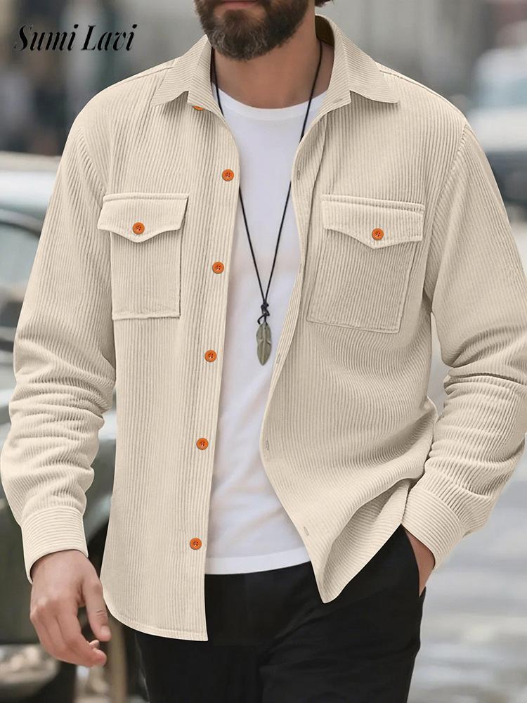Corduroy Button Up Shirt Men - سترة قميص سروال قصير للرجال غير