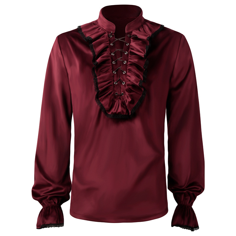 Medieval Gothic Lace Up Pirate Shirt - الأحمر الدانتيل يصل الكشكشة فانوس الأكمام