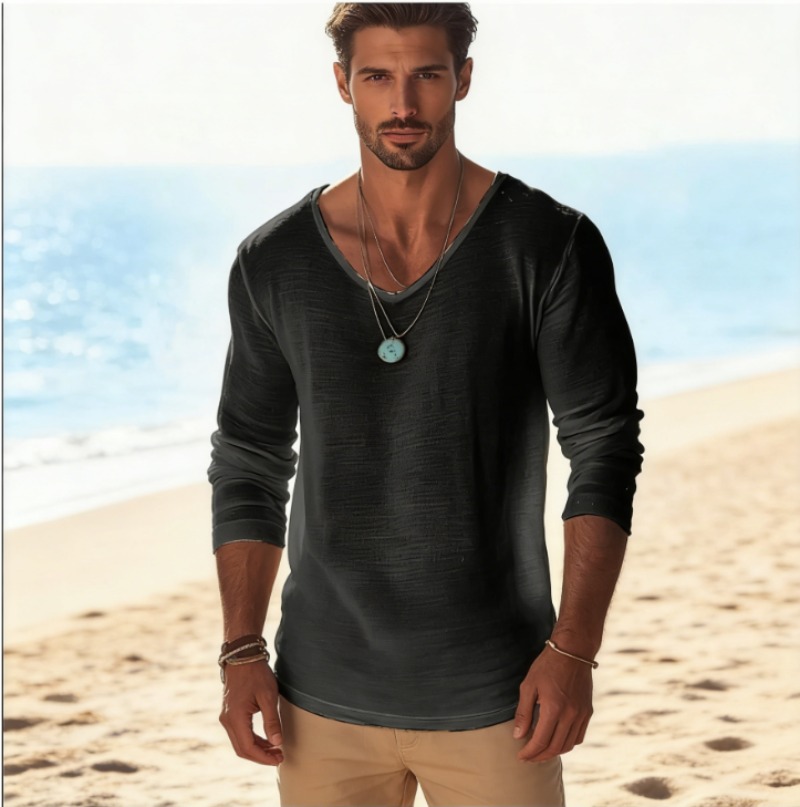 Mens Linen Shirt Long Sleeve - تي شيرت رجالي كاجوال برقبة على