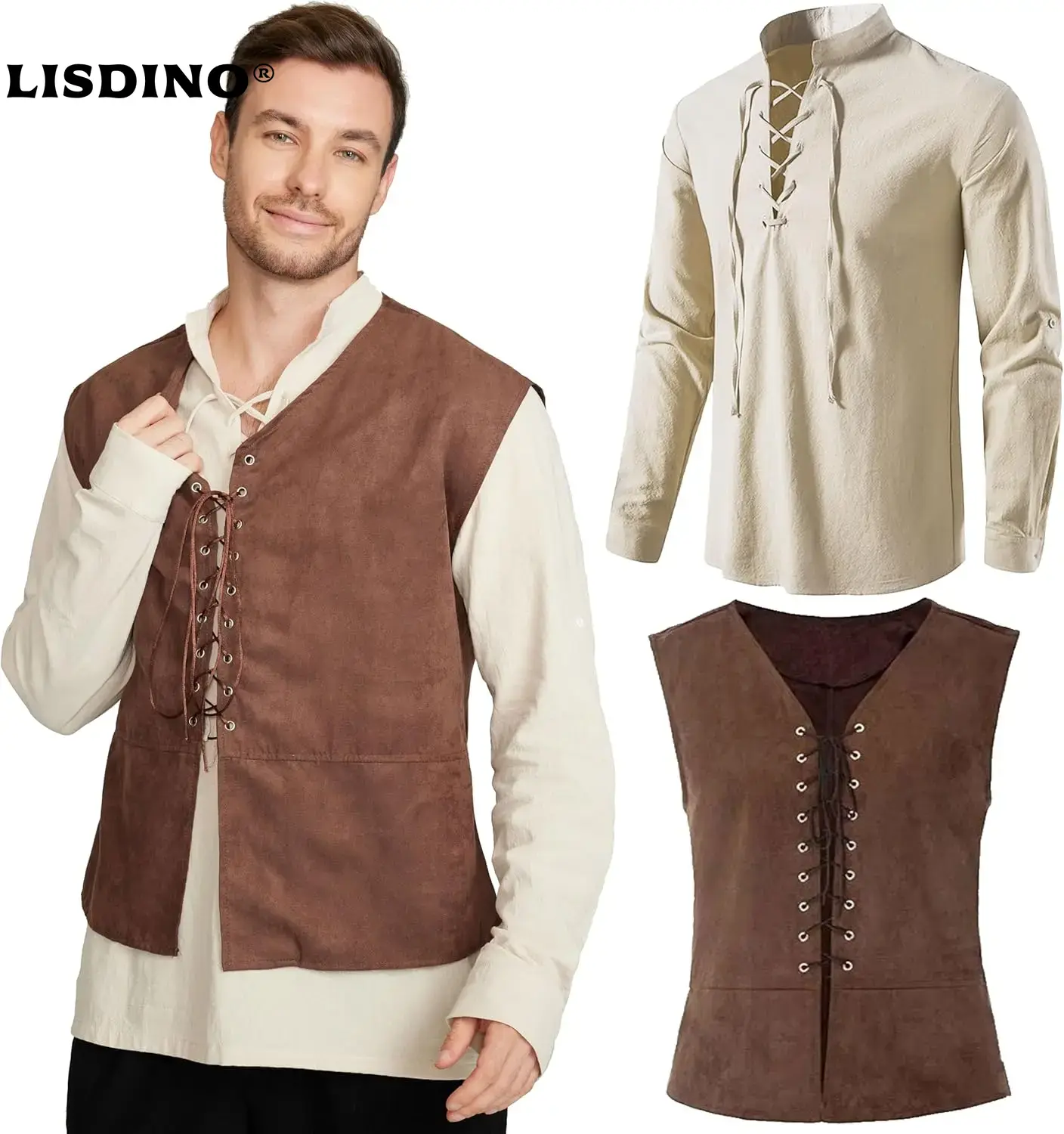Medieval Gothic Lace Up Pirate Shirt - 2 قطعة مجموعة الرجال القرون الوسطى