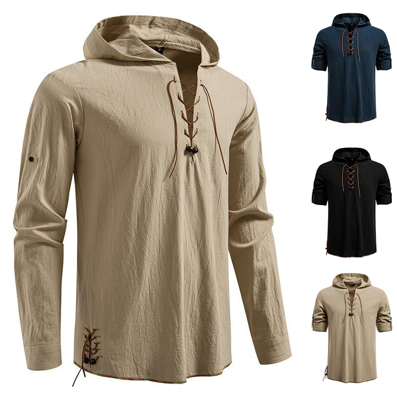 Medieval Gothic Lace Up Pirate Shirt - قميص رجالي طويل الأكمام بغطاء للرأس