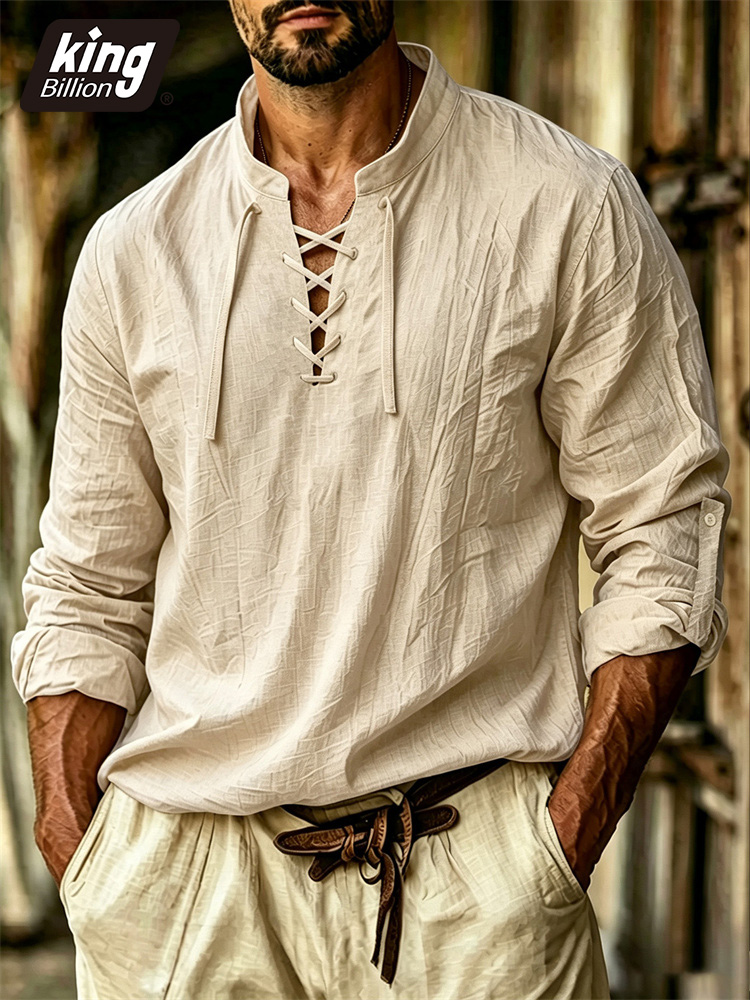 Medieval Gothic Lace Up Pirate Shirt - قميص رجالي برقبة على شكل V