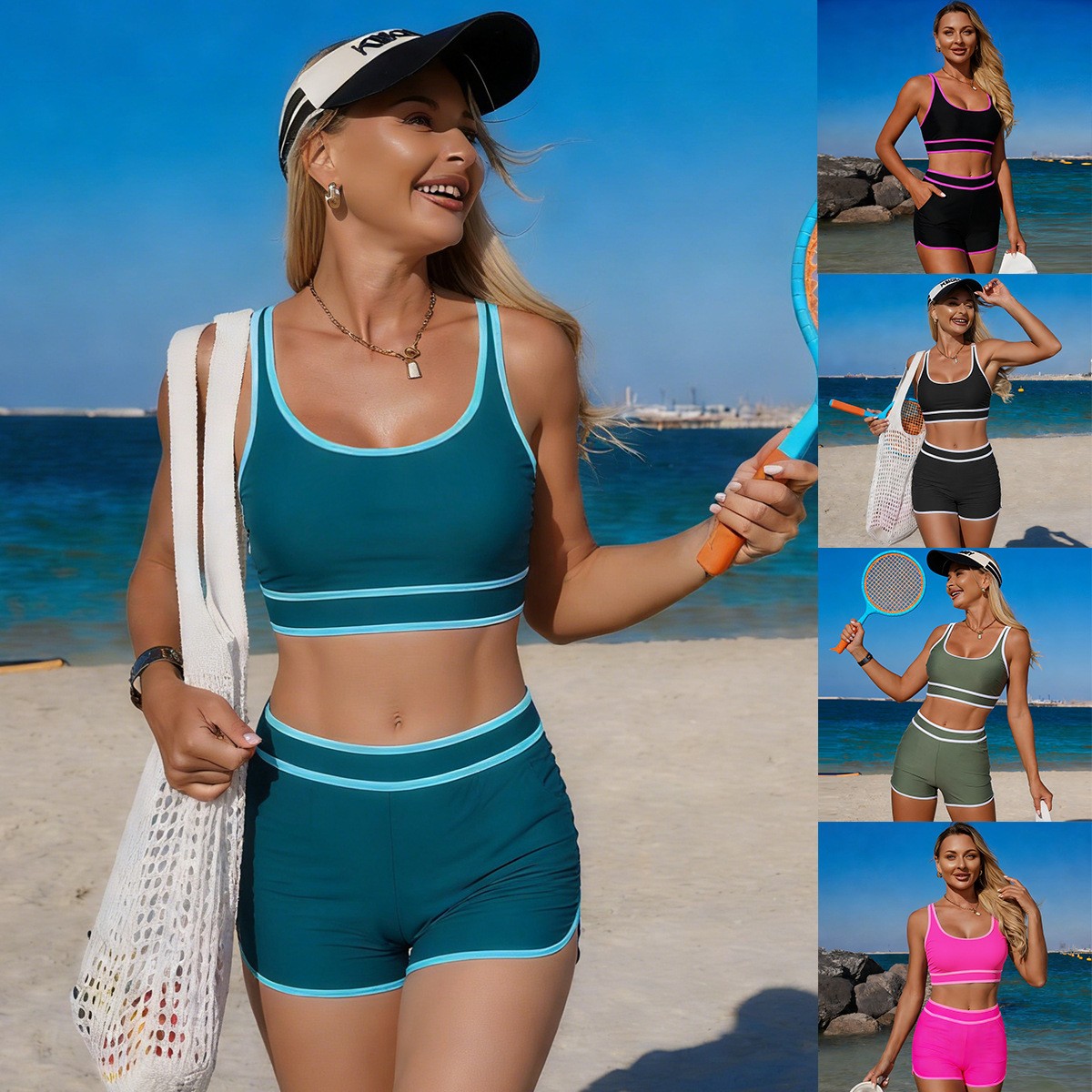 Shorts - بيكيني أخضر زيتوني بدون أكمام، توب