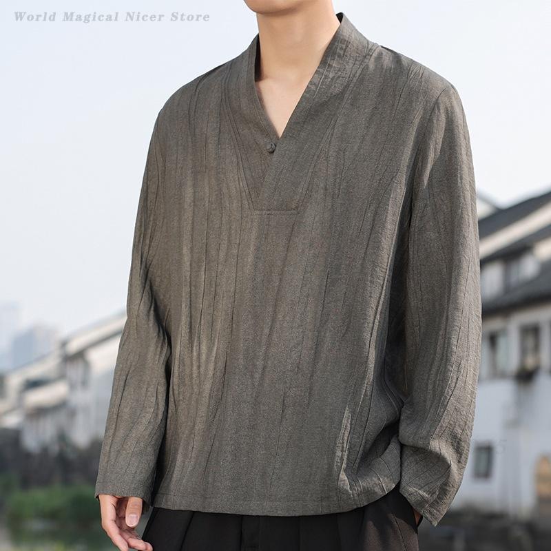 Mens Linen Shirt Long Sleeve - قميص رجالي جديد من القطن والكتان