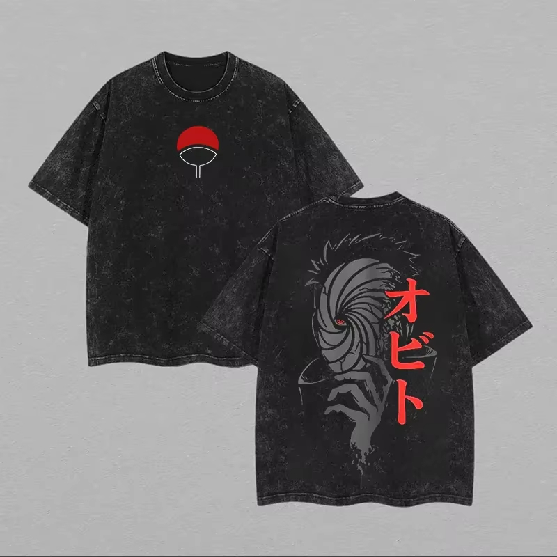 Acid Wash Vintage Graphic T Shirt - تي شيرت رجالي بتصميم ناروتو أوبيتو