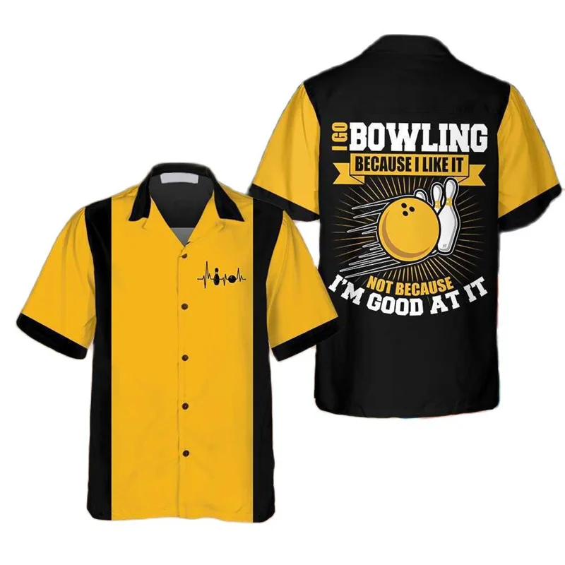 Short Sleeve Bowling Shirt Retro - قميص كلاسيكي بطباعة كرة البولينج للرجال،