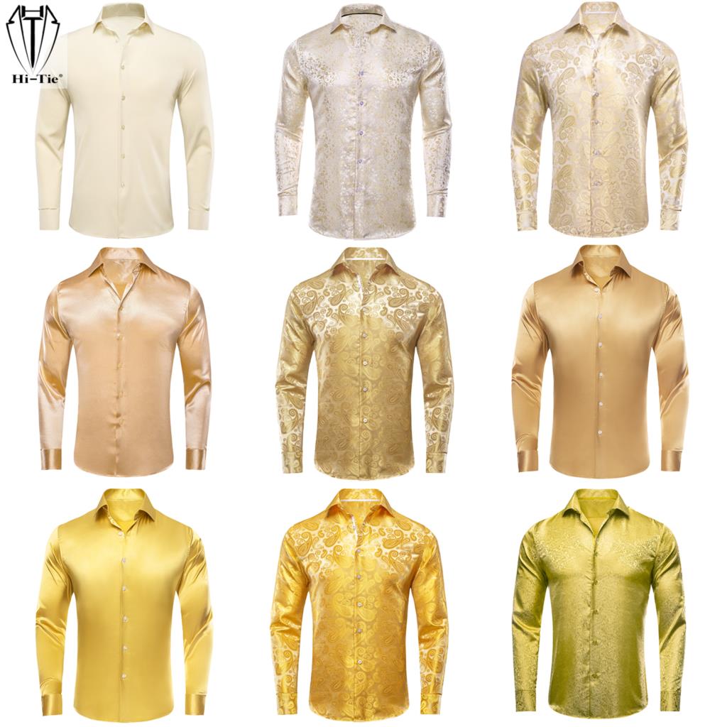 Mens Satin Silk Dress Shirt - مرحبا التعادل الذهب البيج العاج الشمبانيا
