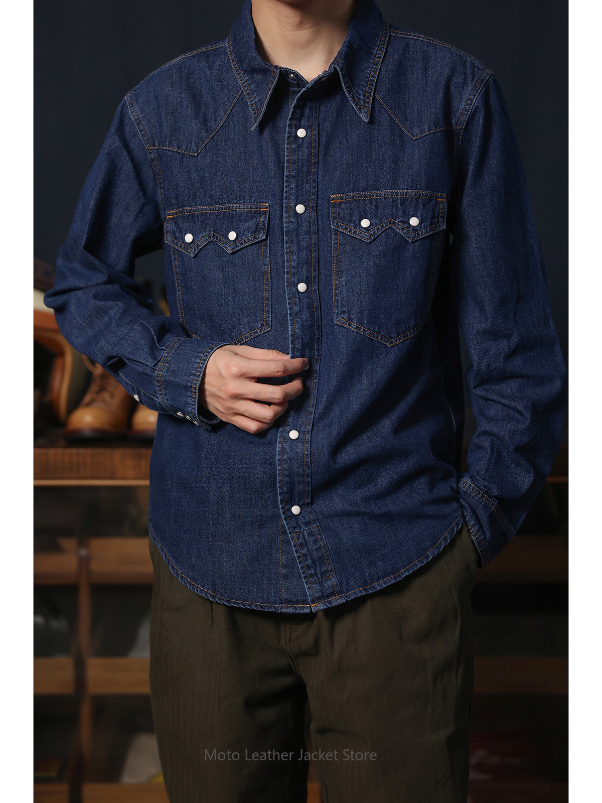 Mens Western Denim Pearl Snap Shirt - قميص دينيم غربي أمريكي بتصميم عتيق،