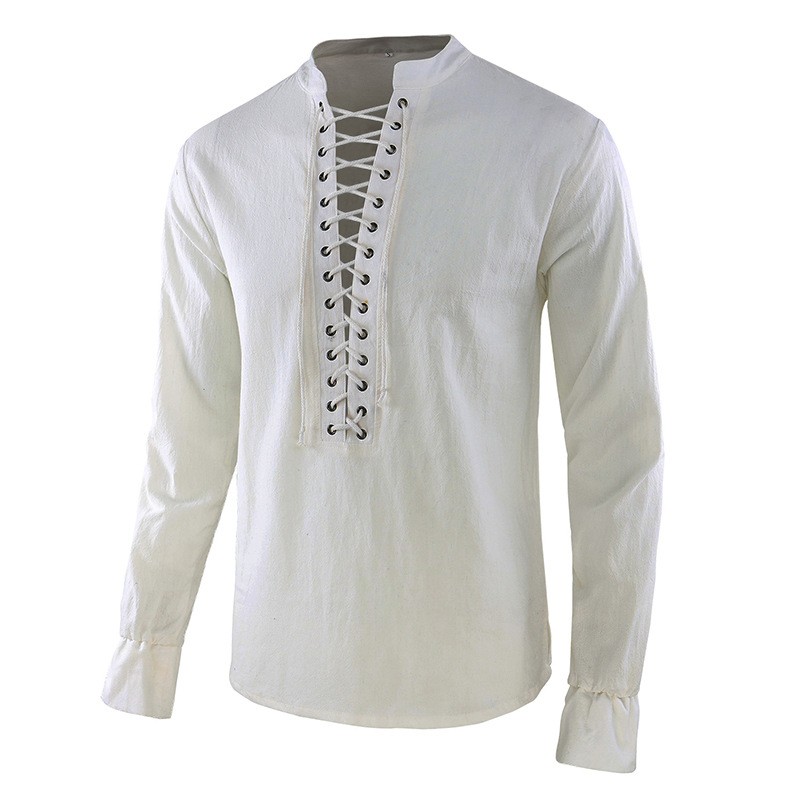 Mens Linen Shirt Long Sleeve - قميص رجالي على طراز عصر النهضة،