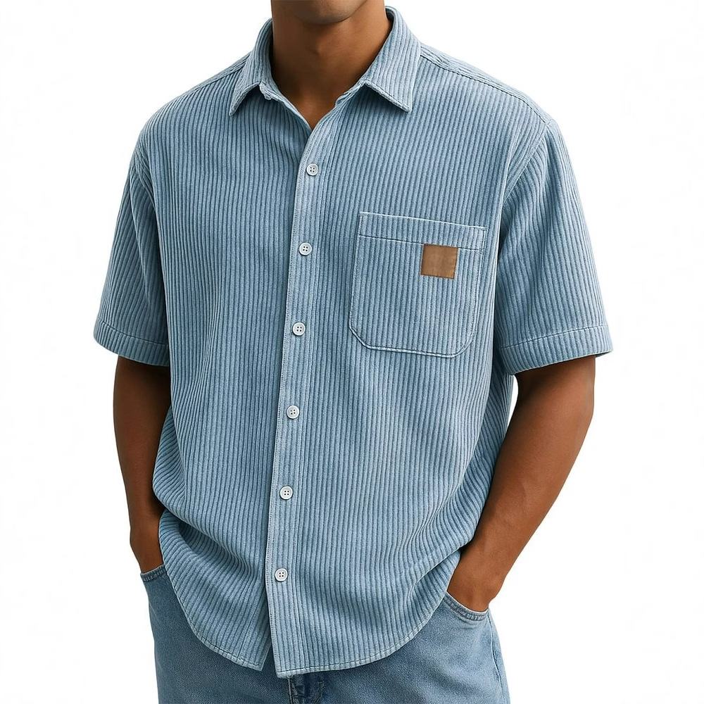 Corduroy Button Up Shirt Men - قميص سروال قصير بأكمام قصيرة للرجال،