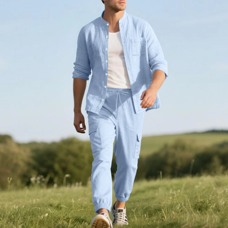 طقم رجالي من قطعتين من الكتان  - مراجعة Mens Linen Shirt Long Sleeve وسعره
