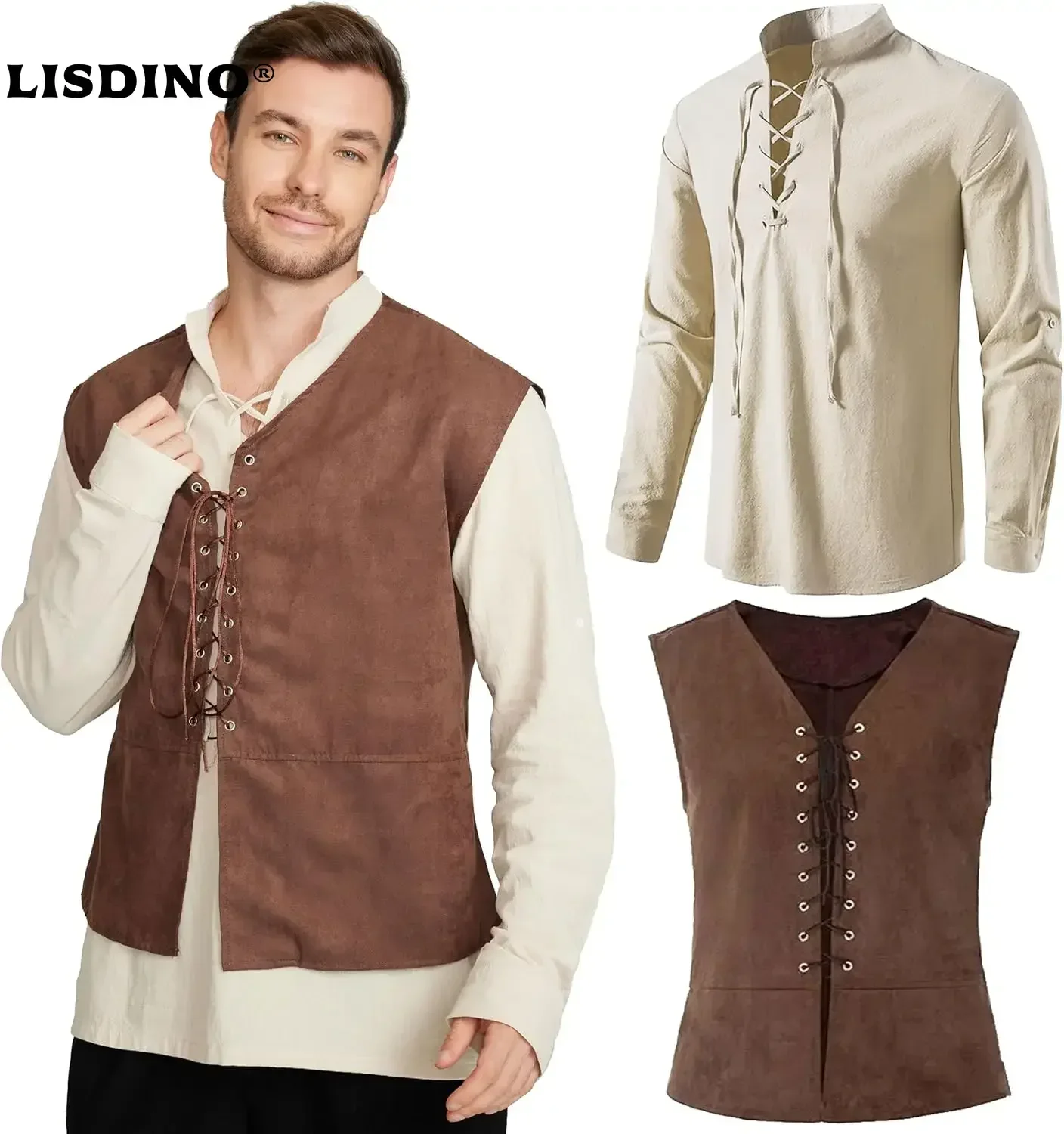 طقم رجالي من قطعتين: سترة قرصا - مراجعة Medieval Gothic Lace Up Pirate Shirt وسعره