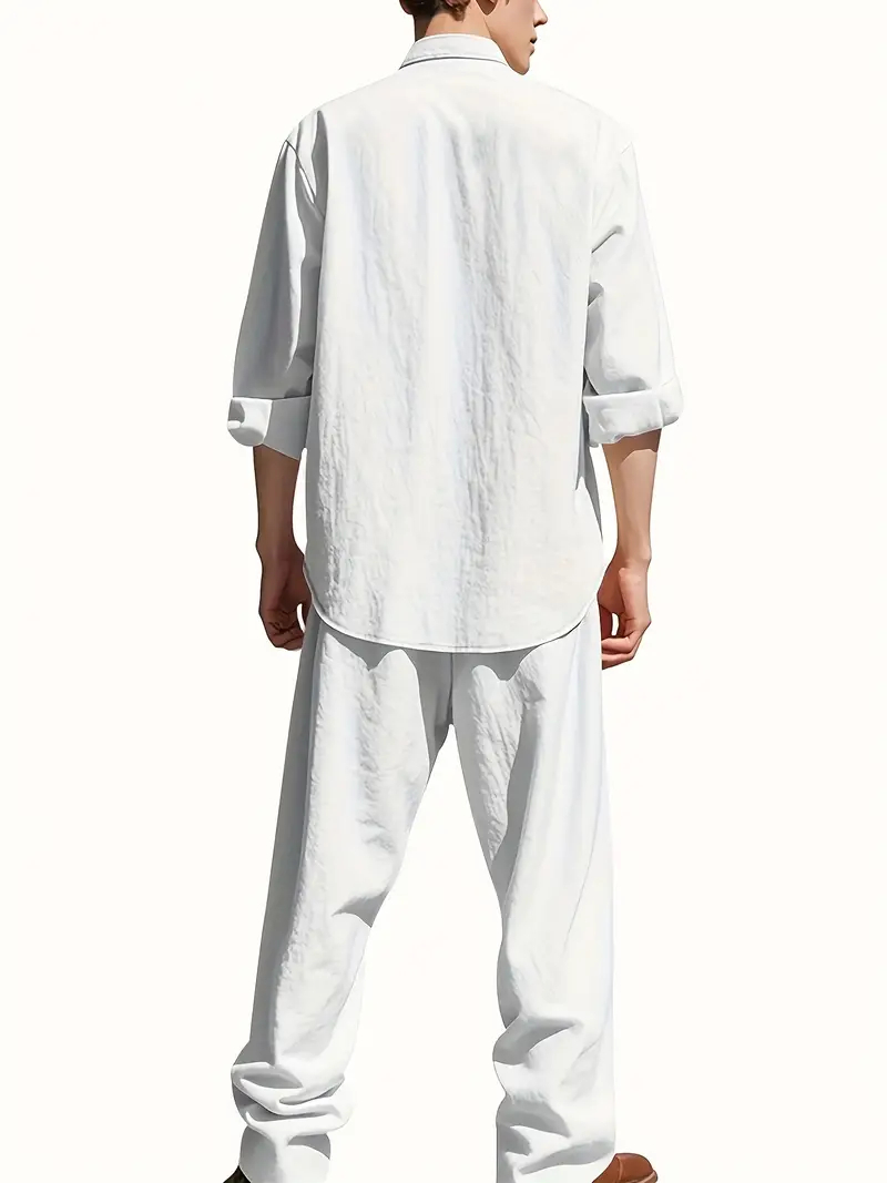 طقم بدلة كتان أبيض للرجال، قمي - مراجعة Mens Linen Shirt Long Sleeve وسعره