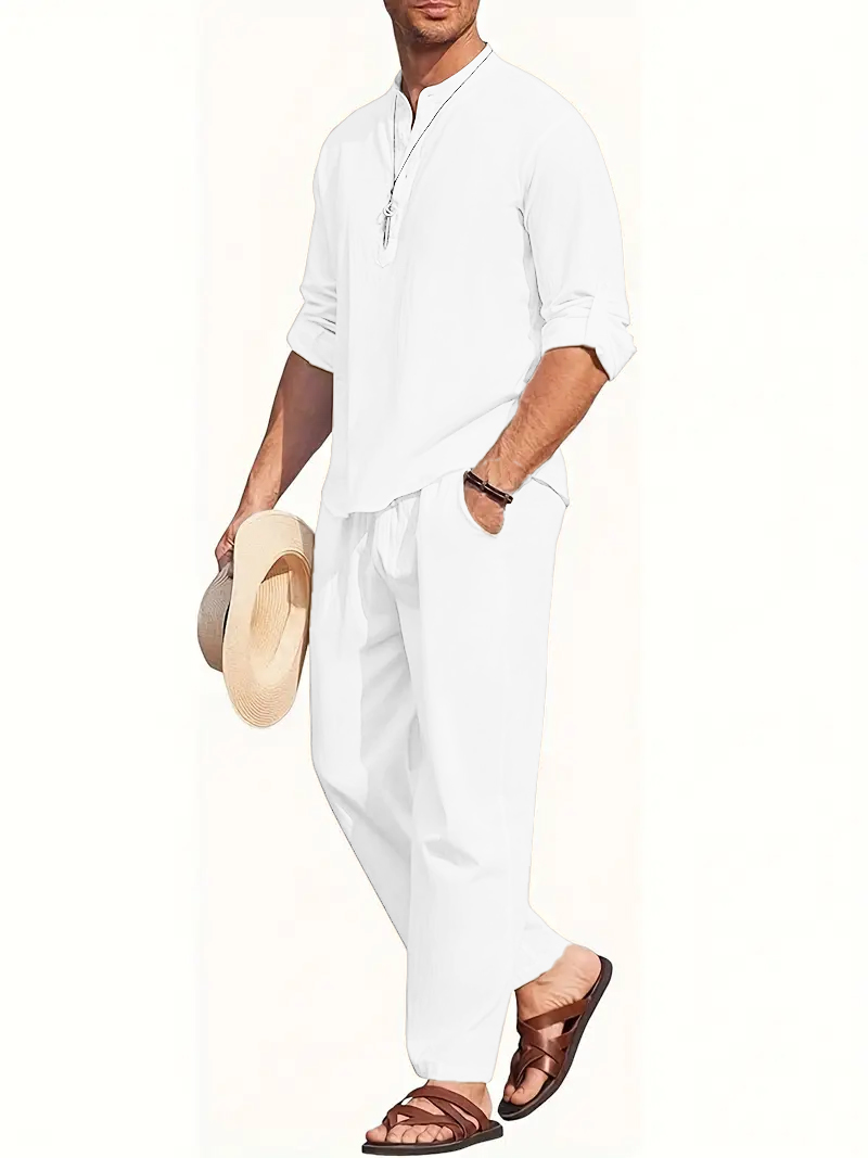 طقم بدلة كتان أبيض للرجال، قمي - مراجعة Mens Linen Shirt Long Sleeve وسعره