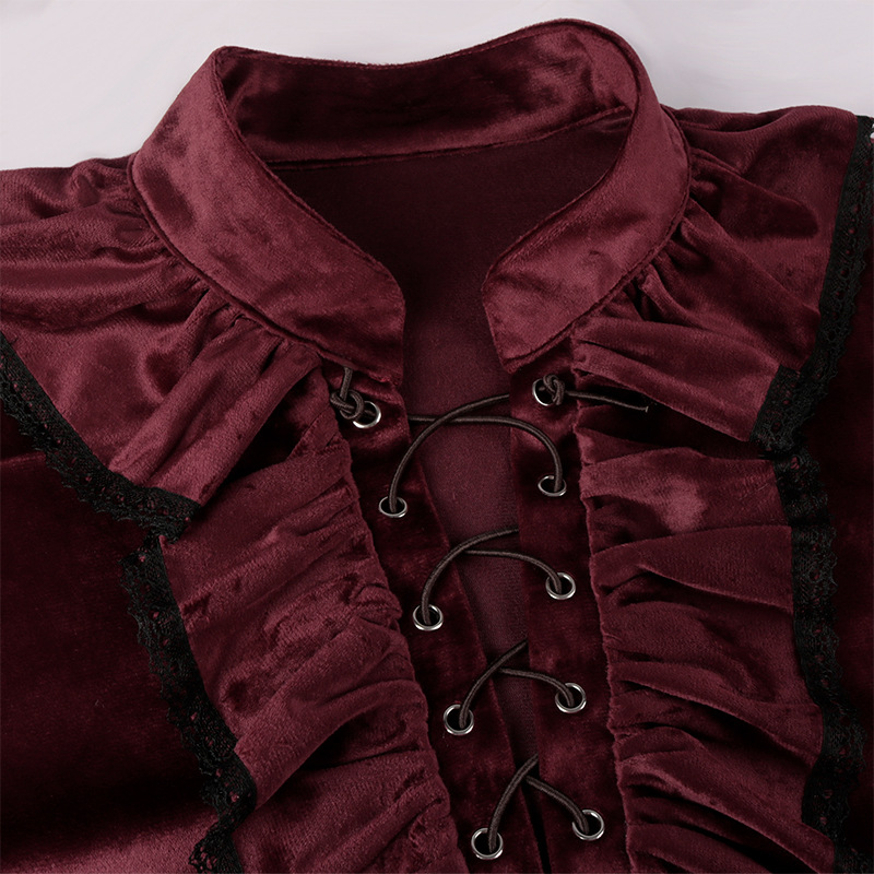 الأحمر الدانتيل يصل الكشكشة فا - مراجعة Medieval Gothic Lace Up Pirate Shirt وسعره