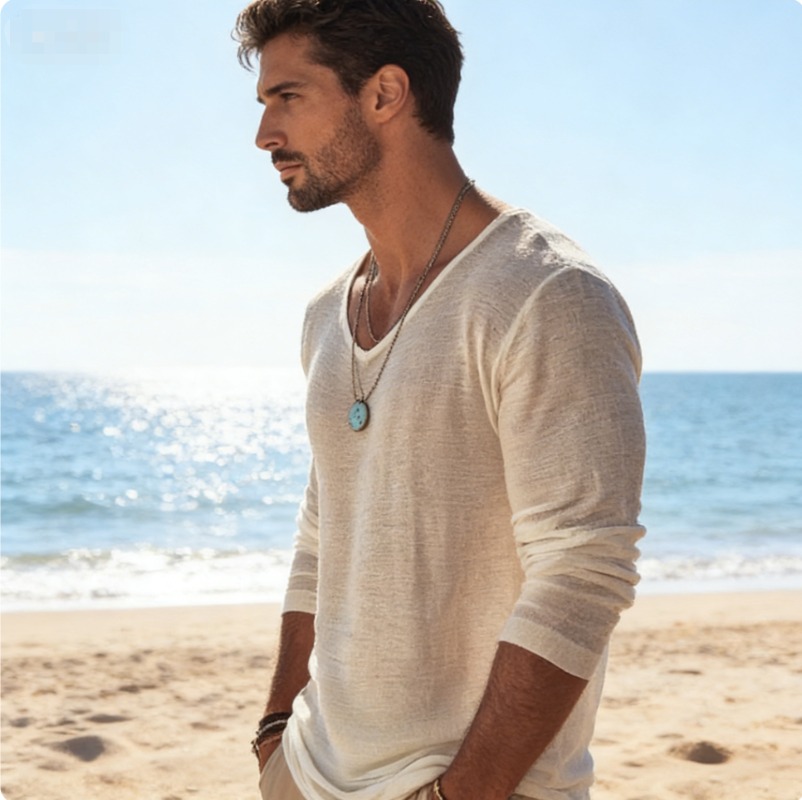 تي شيرت رجالي كاجوال برقبة على - مراجعة Mens Linen Shirt Long Sleeve وسعره