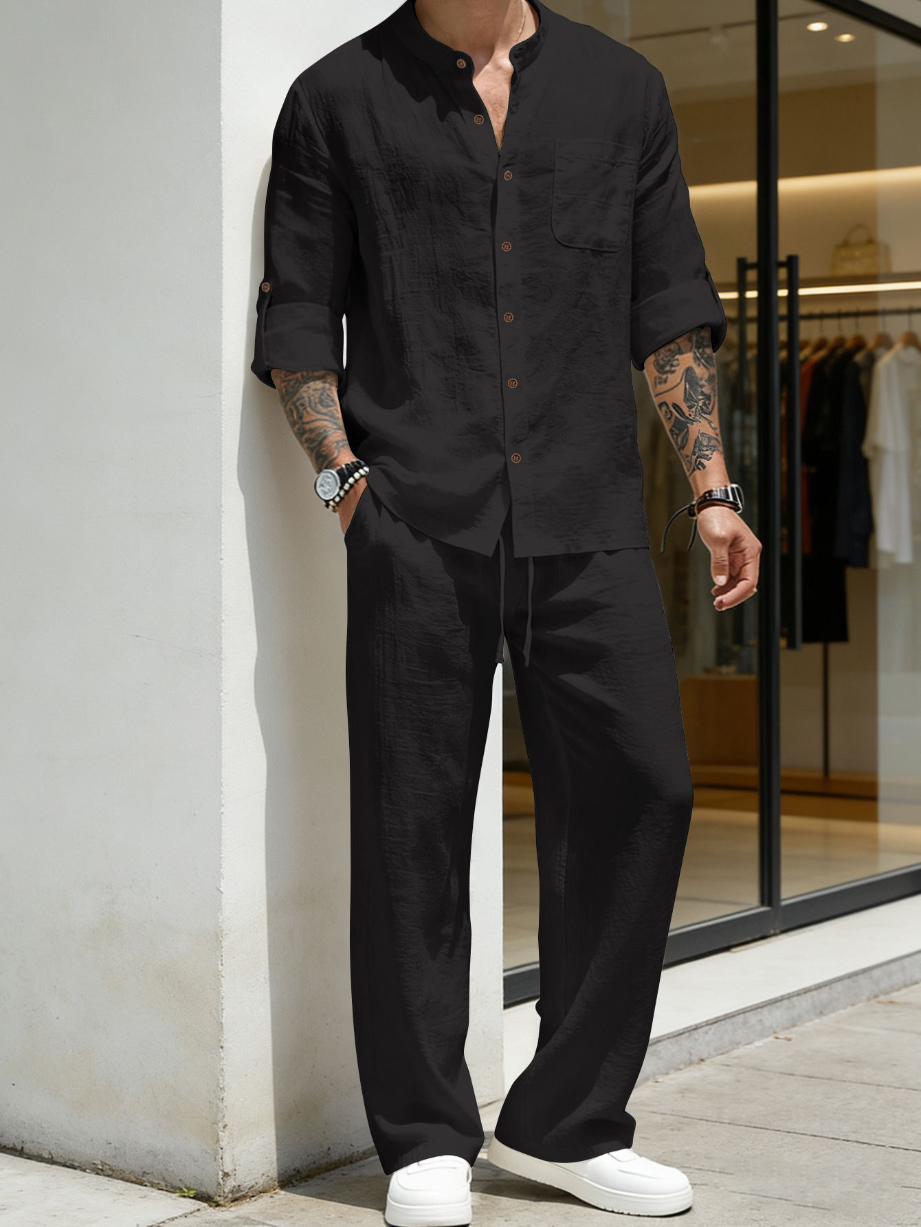طقم شاطئ رجالي فضفاض من الكتان - مراجعة Mens Linen Shirt Long Sleeve وسعره